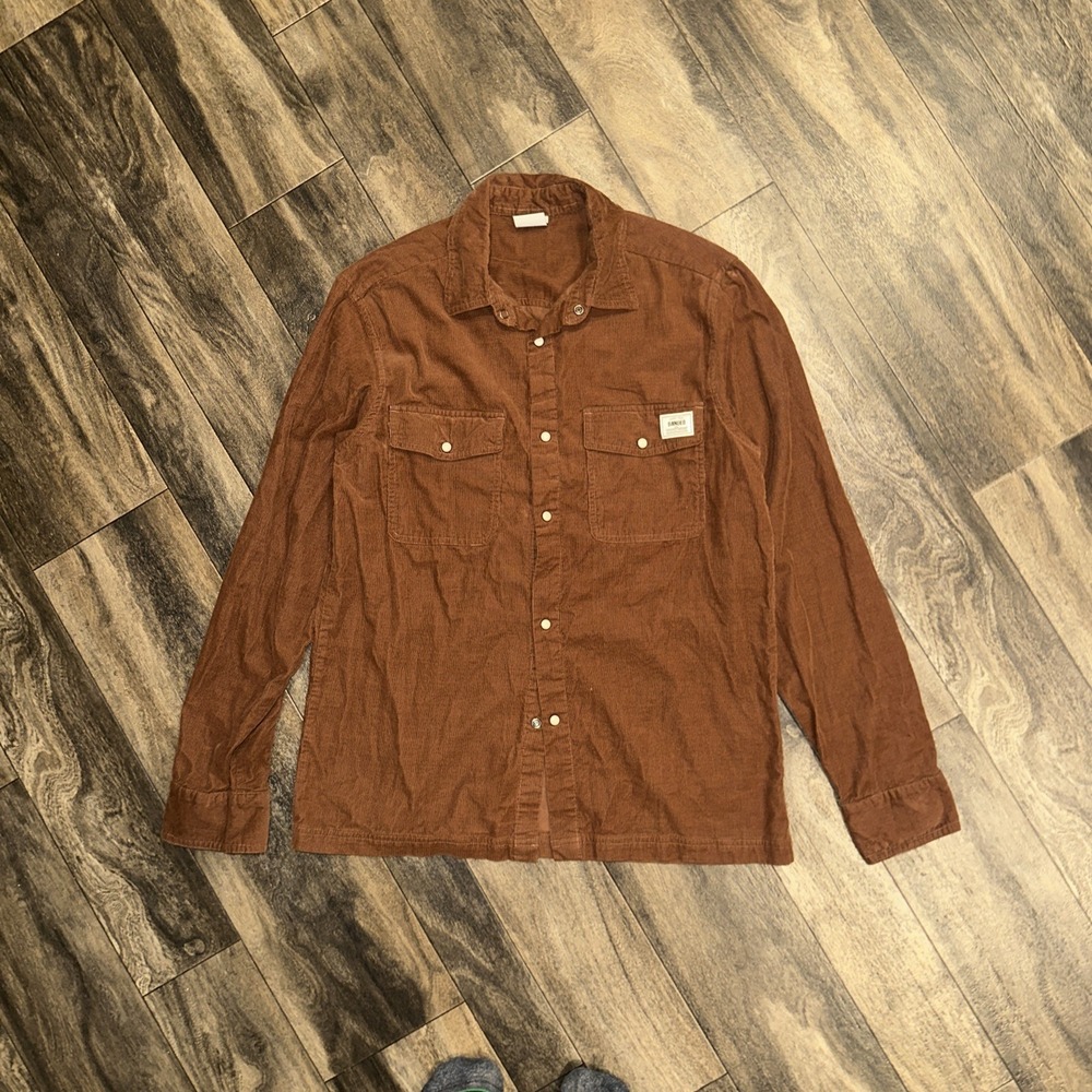 Western Pearl Snap Button-Down Shirt Long-Sleeve Men's Medium Brown Corduroy